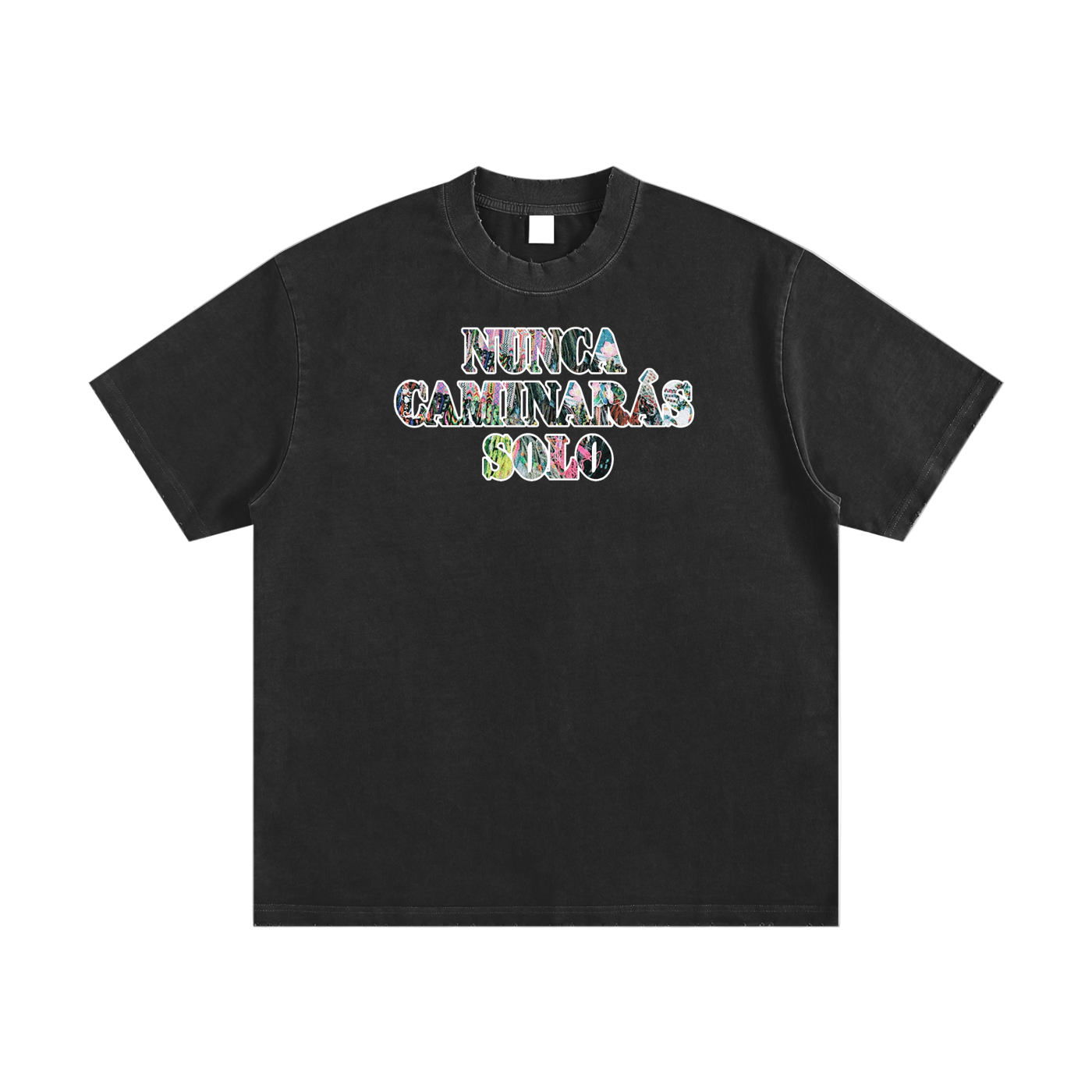 "NUNCA CAMINARAS SOLO" UNISEX VINTAGE WASHED FRAYED T-SHIRT (BLACK)