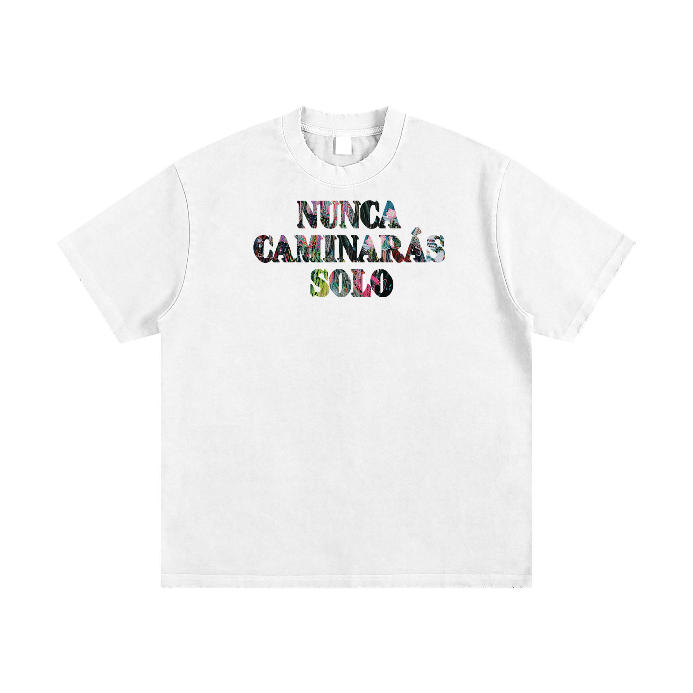 "NUNCA CAMINARAS SOLO" UNISEX VINTAGE WASHED FRAYED T-SHIRT (WHITE)